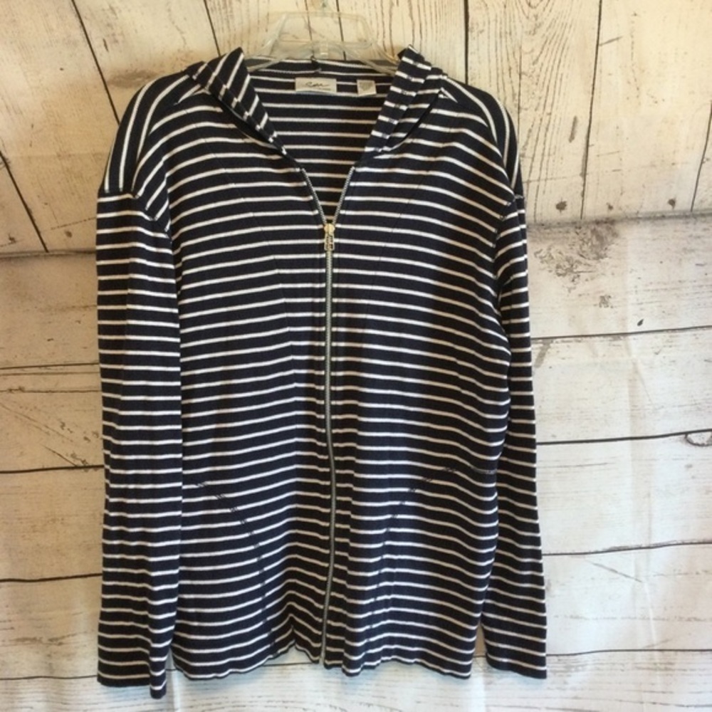 Spa by Chico’s Black & White Striped Zip-Up Hoodie Size Large